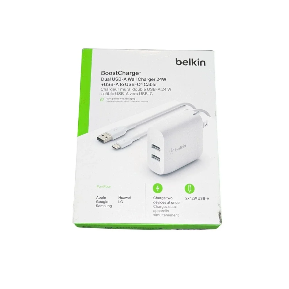 Aa3O Belkin 24W Dual Port USB Wall Charger with USB-A To‎ USB-C Cable White 